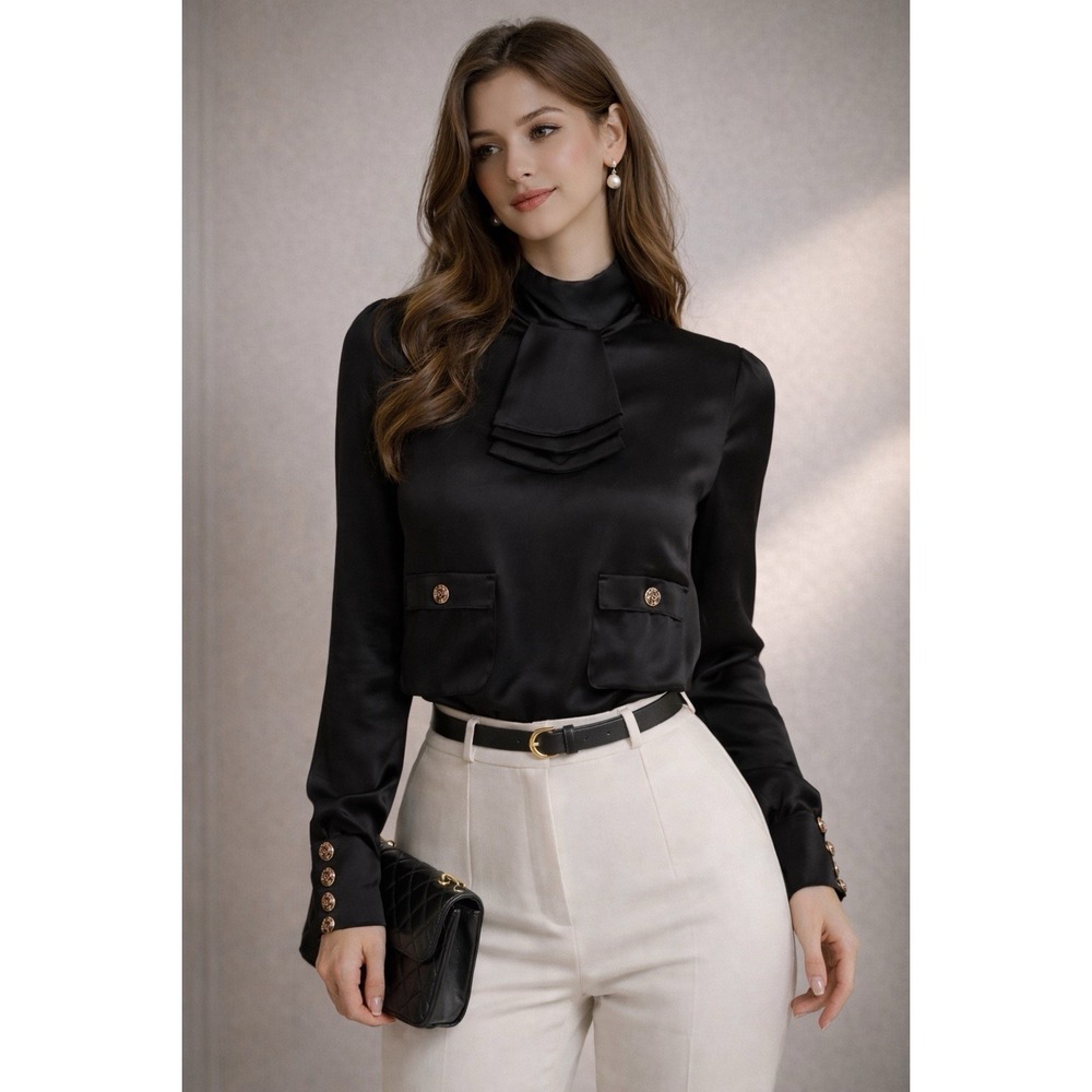 70s Albert Nipon Collectables Silk Blouse‎ Black Gold Flower Buttons XS/ S READ